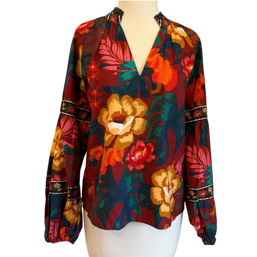 Farm Rio V-Neck Poplin Blouse Anthropologie Autumn Deep Floral Top Size Small